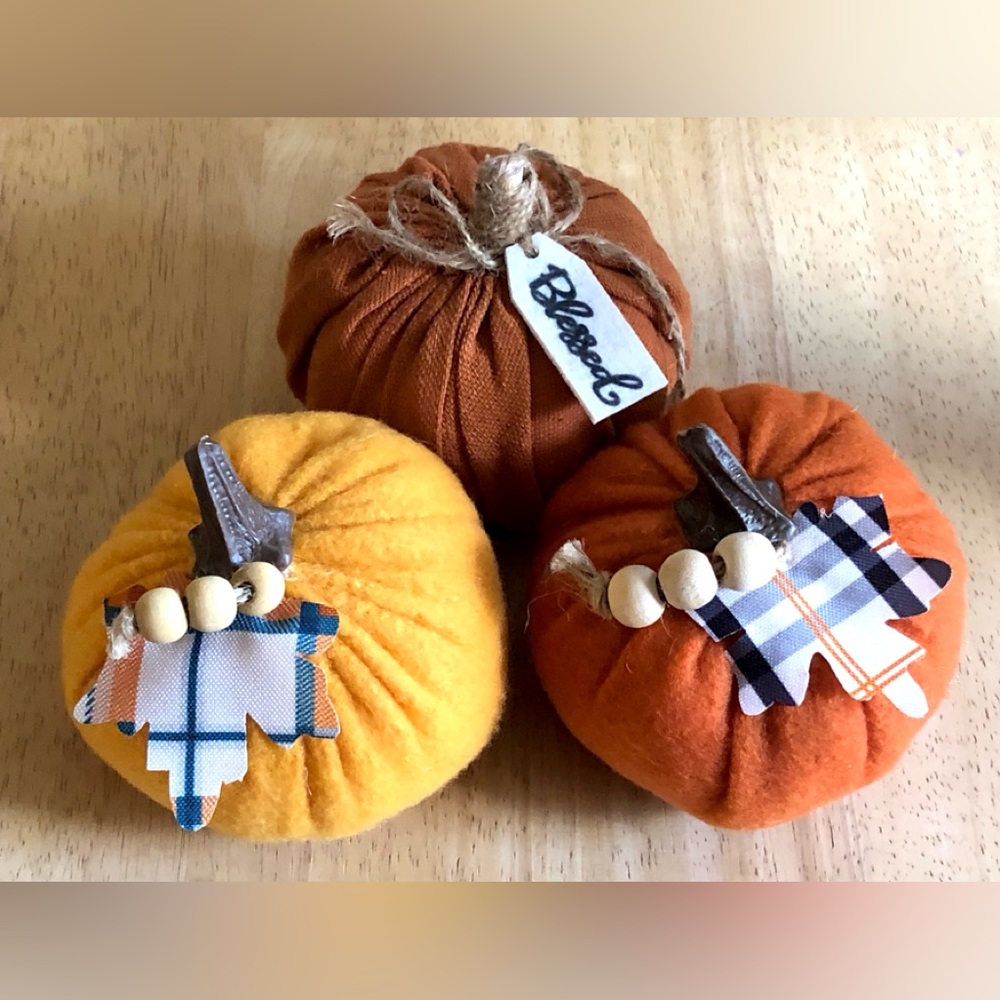 Blessed Thanksgiving Rustic Farmhouse Orange Fabric Plaid Lead Pumpkin Bundle 3